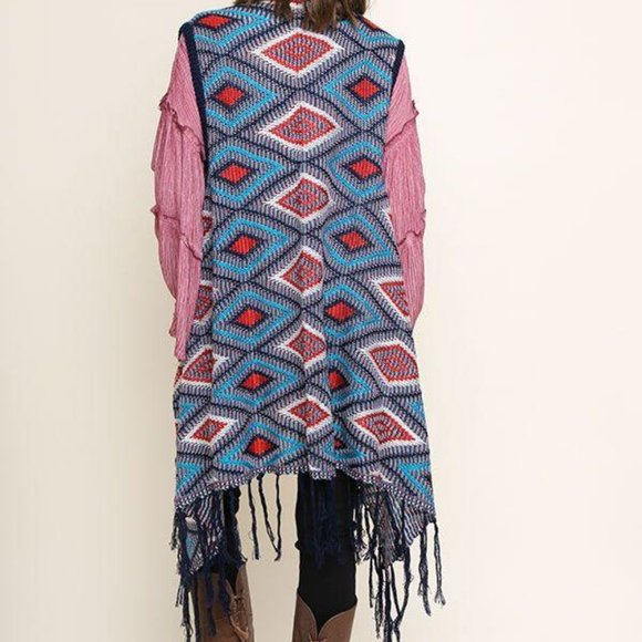 Multicolor Diamond Knit Open Long Body Vest - Picture 3 of 3